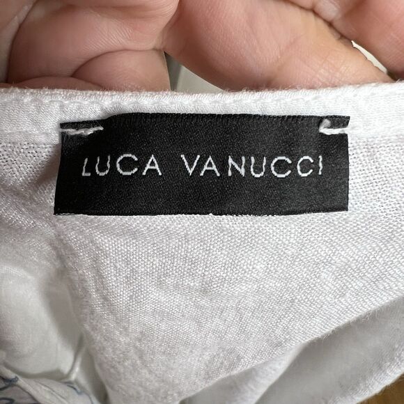 Luca Vanucci Top Womens Small Linen White Blue Floral Stitching Sleeveless - Picture 2 of 8
